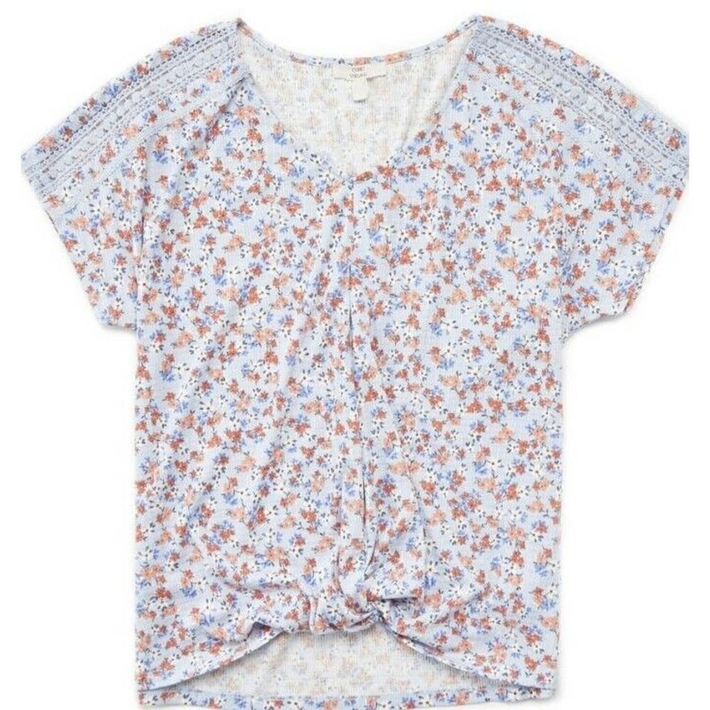 Como Vintage Blue Floral Knit Peasant Top Front Waist Knot Shirt XXl NWT